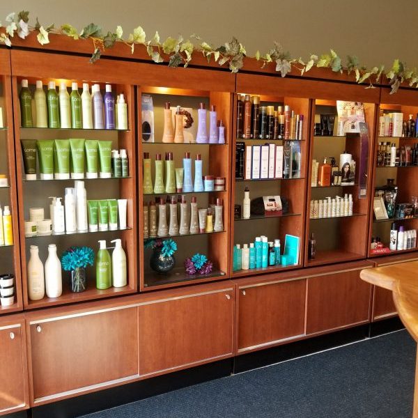A wall of hair products.